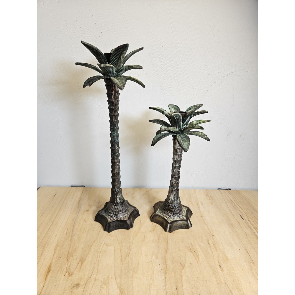 Vintage Metal Palm Tree Candle Holders Set of 2 Tropical Coastal Tiki Decor